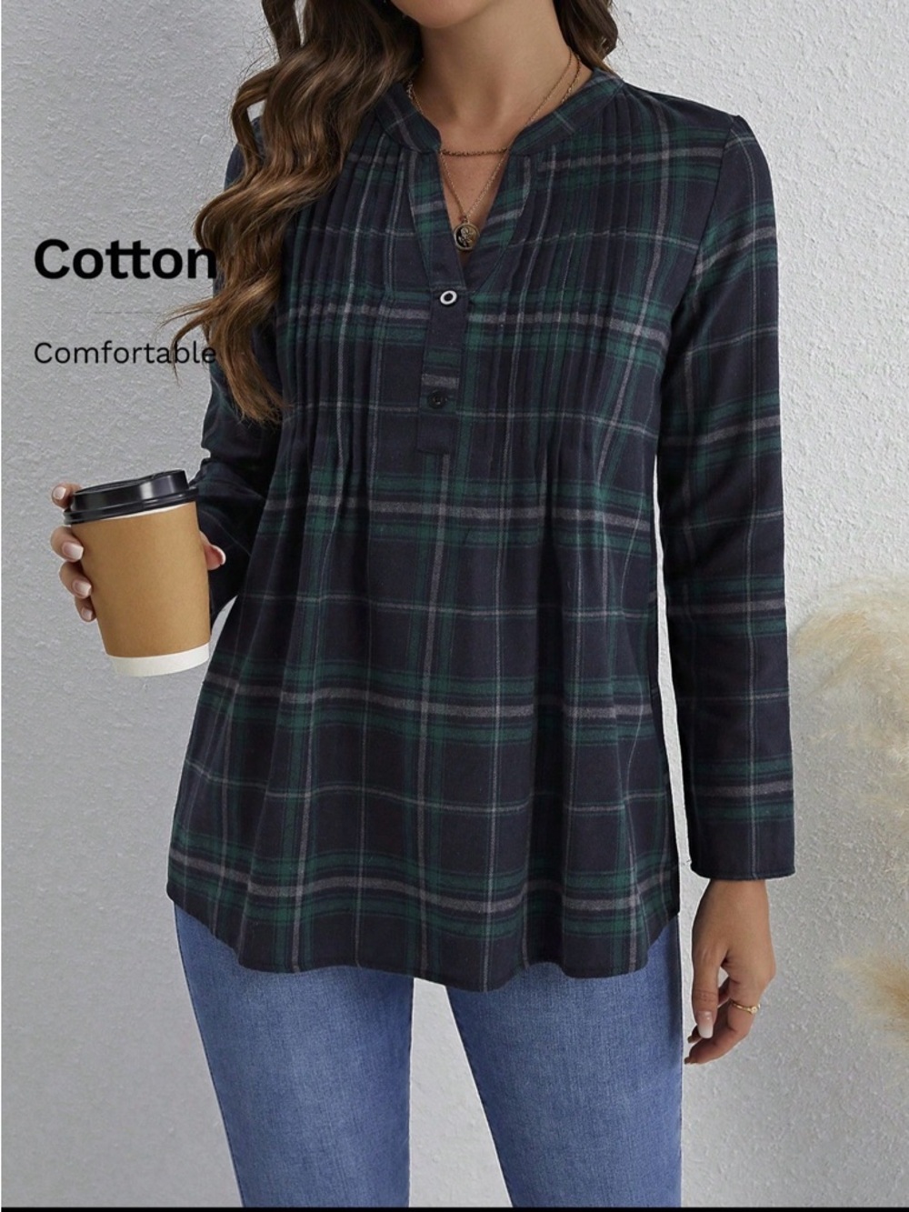 Plaid Split-Neck Tunic Top in Blue and Green